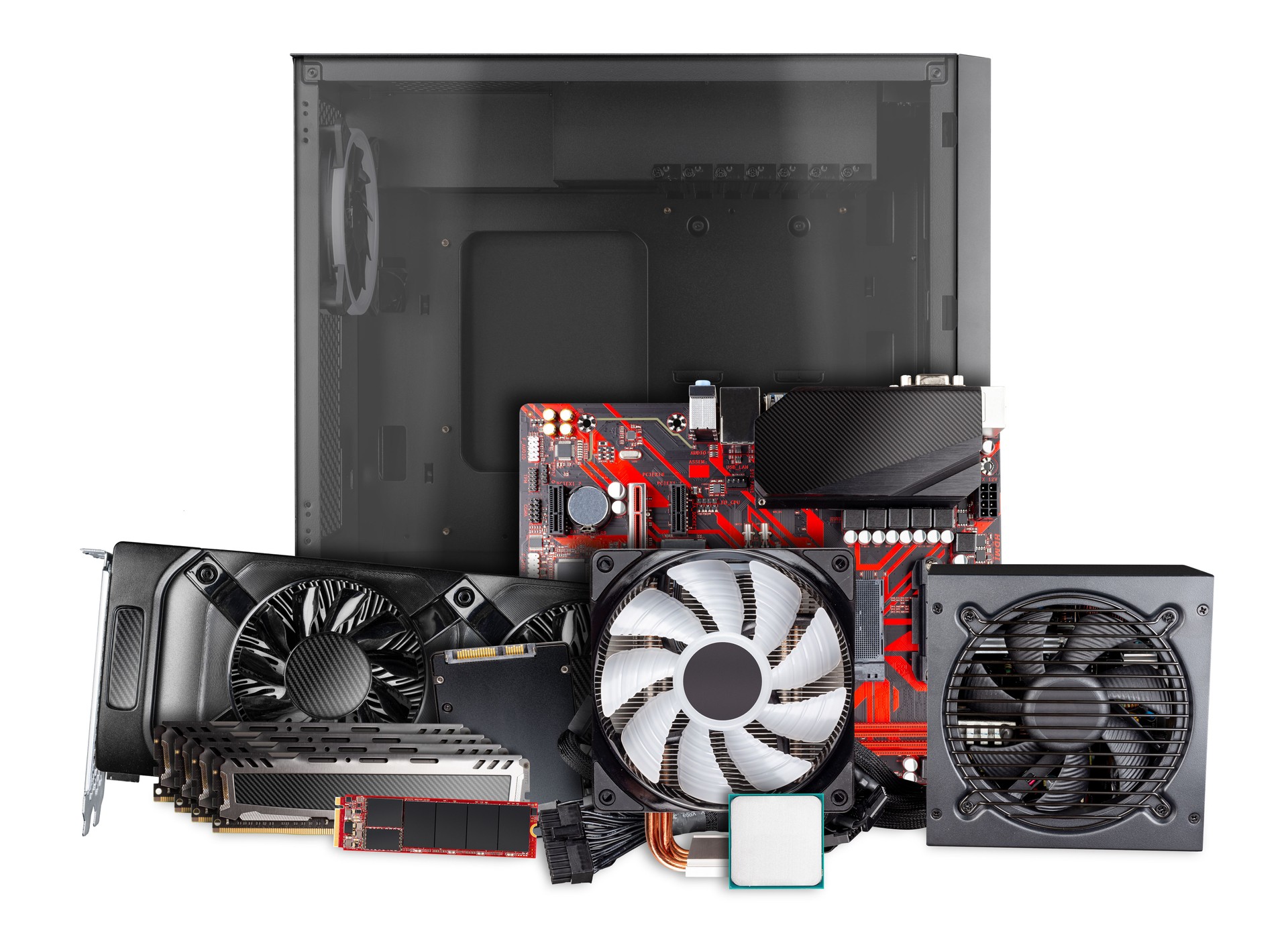 All parts and components for modern desktop computer. Mainboard power supply RAM M2 SSD hard disk CPU fan cooler graphics card midi tower pc case isolated white background